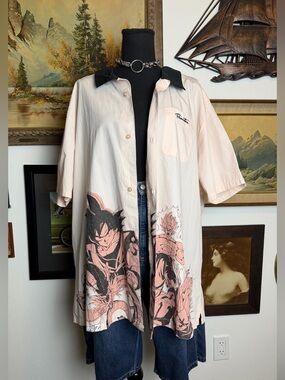 Primitive Dragon Ball Z Button Down Shirt Bowling Shirt Style Pink & Black XXL
